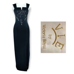 Vie By Victoria Royal 100% Silk Vintage Beaded Glam Side Slit Formal Dress